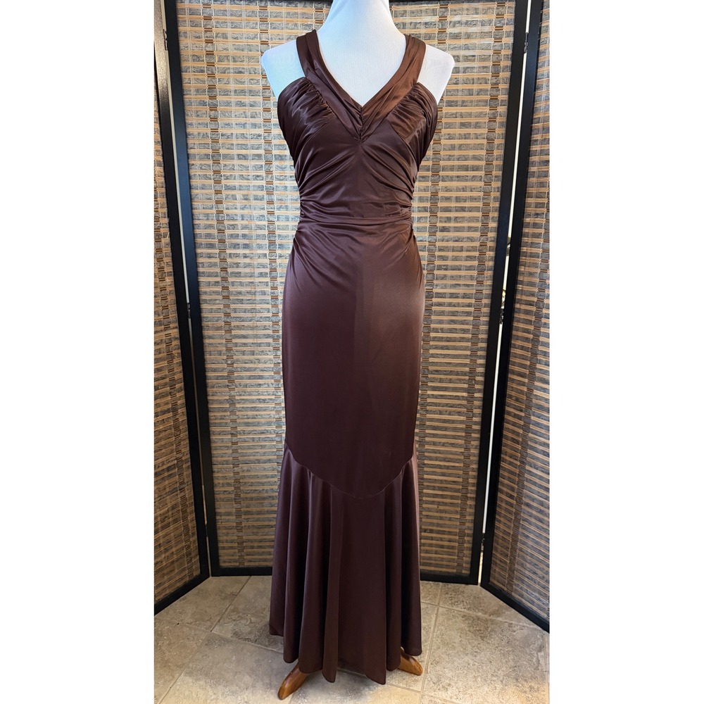 Masquerade Prom Gown Women 9/10 Brown Satin Open Back Ruffle Mermaid Dress